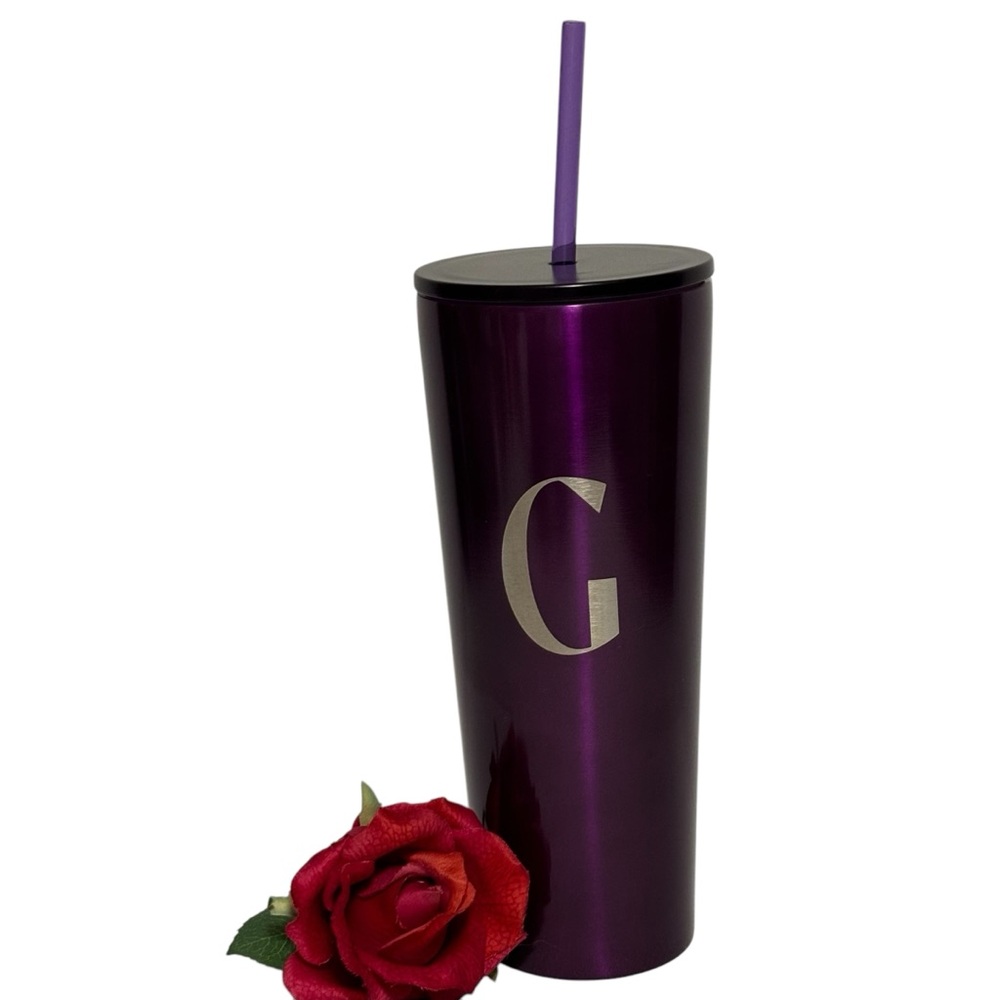 Modern expressions monogram G metallic purple Tumbler W/ straw screw on top NEW